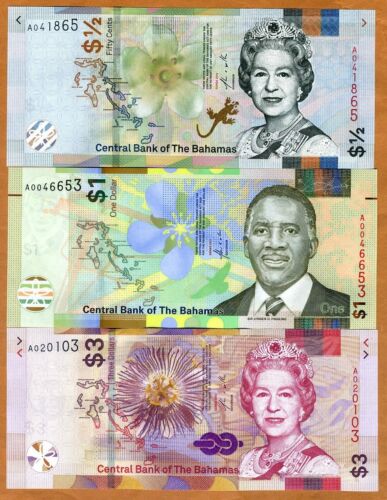 Set Bahamas, 1/2-1-3 dollars, 2017-2019, P-New, QEII, UNC Redesigned - 第 1/2 張圖片