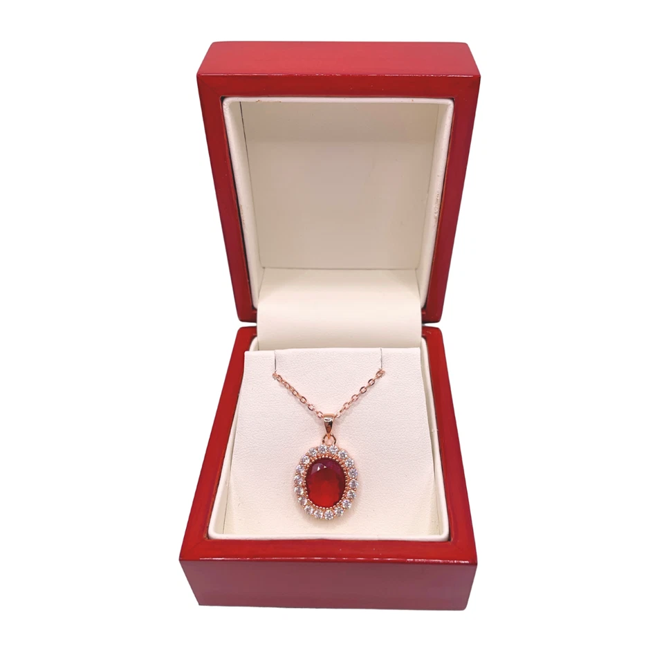 ROSE GOLD FINISH Created Diamond Red Ruby Oval Cut Cluster Pendant Necklace - Image 2 of 4