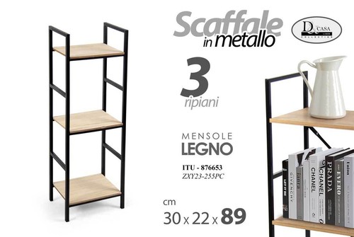 LIBRERIA SCAFFALE METALLO 3 RIPIANI MENSOLE LEGNO MODERNO INDUSTRIALE h89*30*22 - Foto 4 di 5