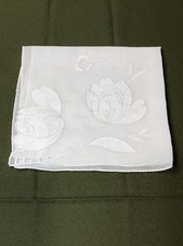 Vintage White Stunning Tulips Hand Embroidery On 14  Square Cotton Handkerchief