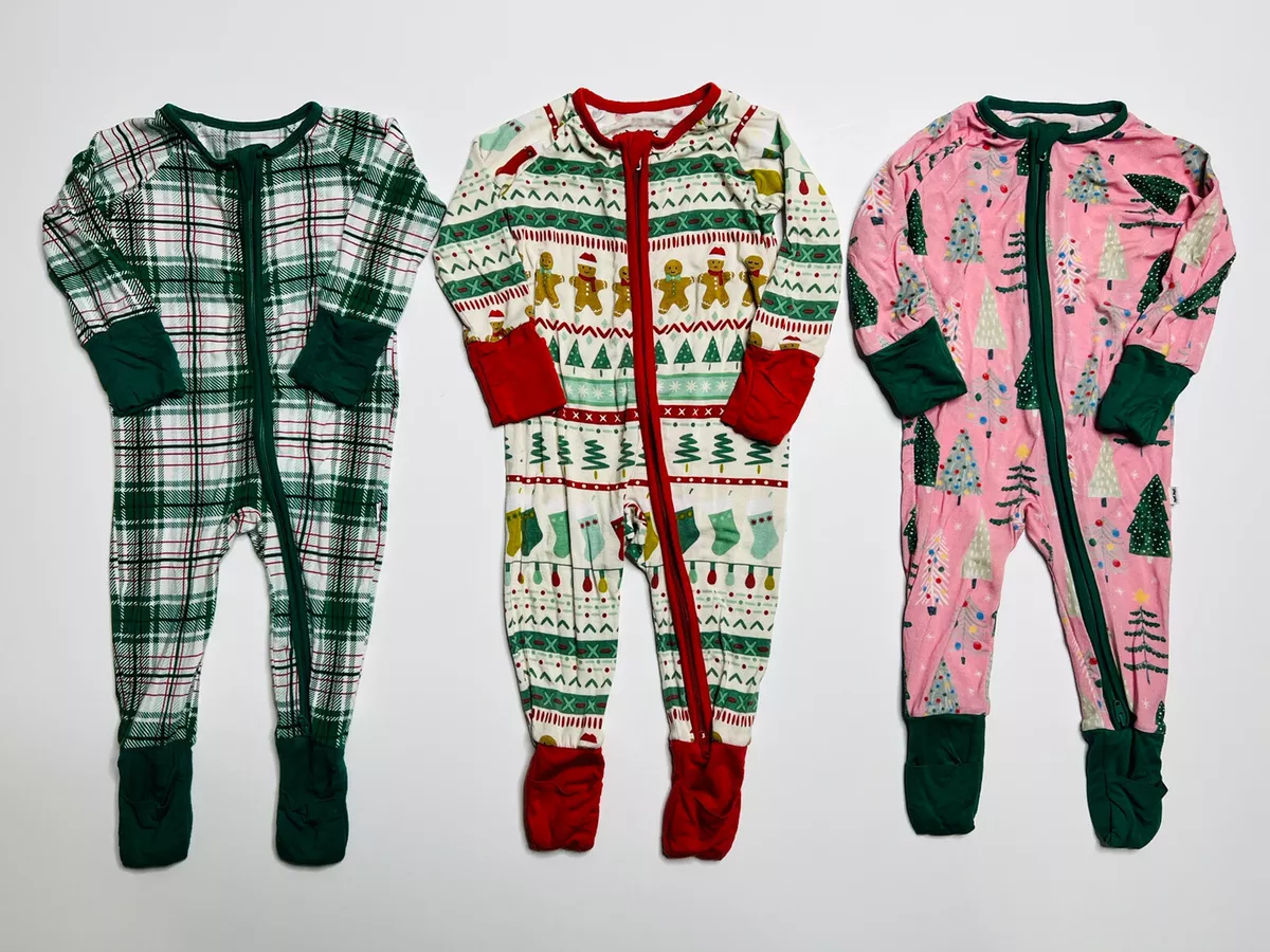 Little Sleepies Bamboo Pajamas Lot Christmas Trees Stockings Plaid Zippies  0-3 M