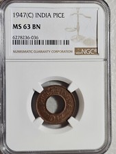India 1 Pice 1947C NGC MS 63 BN