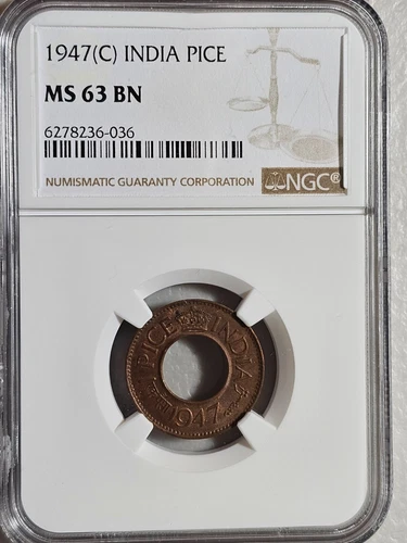 India 1 Pice 1947C NGC MS 63 BN