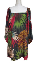 Farm Rio Square Neck Shift Dress Mini Leopard Print Open Back Size Medium