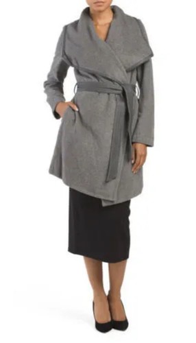 NANETTE LEPORE Womens L Gray Wool Blend Belted Shawl Collar Wrap Coat - Picture 3 of 9