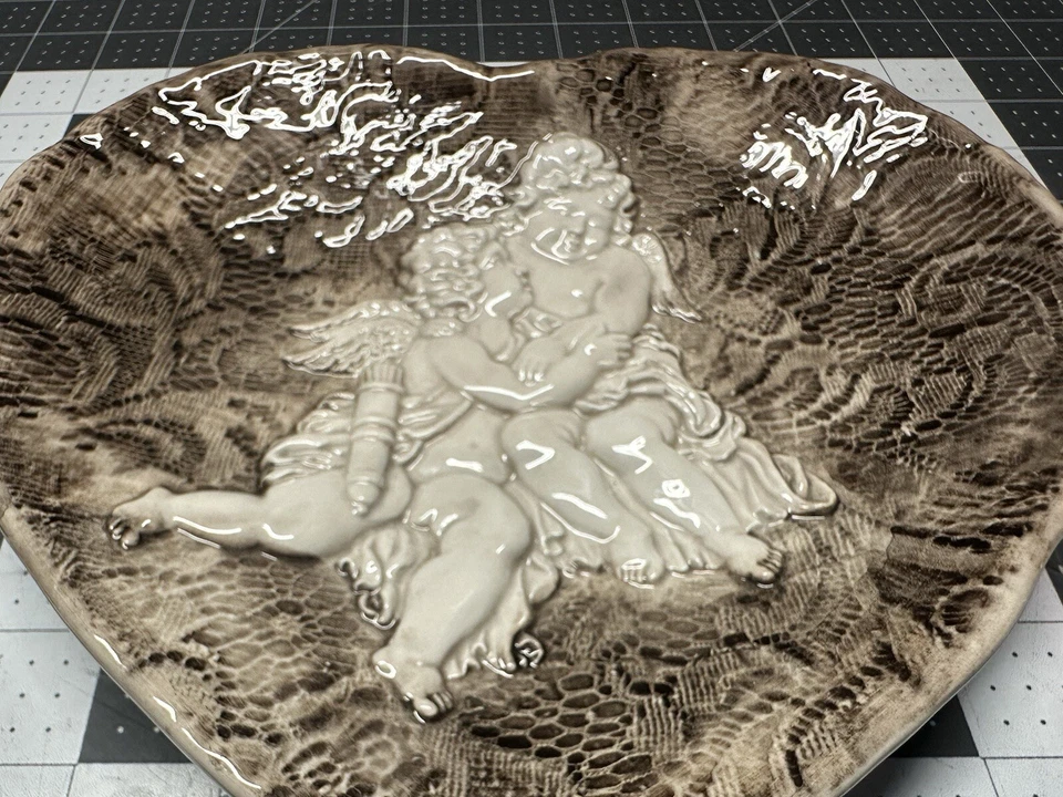Heart Shaped Ceramic Brown White 3D Plate With Angel Cherubs Embossed Lace Italy - Image 4 of 4