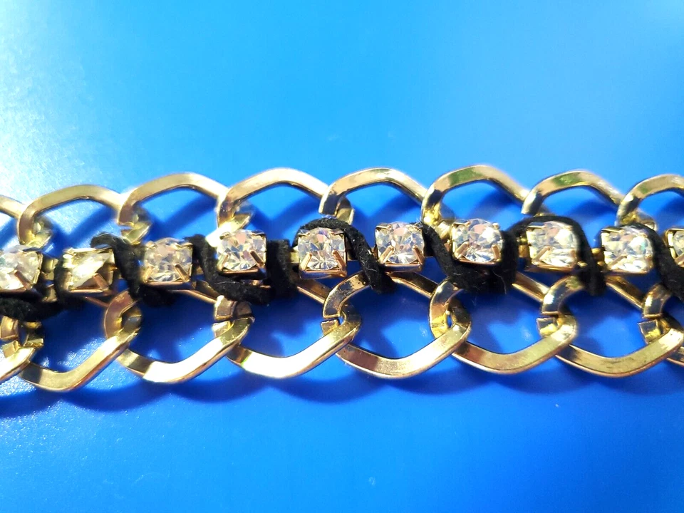 Vintage RARO Pulseira Magnética de Alta Costura Suculenta de Couro Preto Tom Dourado Maciço - Imagem 2 de 4