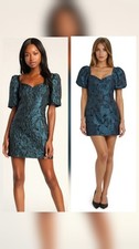 LULUS Beyond Amazing Size XL, Dark Teal Blue Floral Jacquard Puff Sleeve Dress
