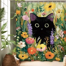 Funny Cat Shower Curtain 60x71 Inch Colorful Flower Bathroom Decor 12 Hooks