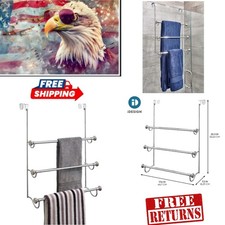 Space-Saving Brushed Nickel Towel Rack, Over Door, 3 Bars for Instant Storage