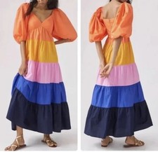 NEW Farm Rio Anthropologie Tiered Colorblocked Maxi Dress Puff Sleeved Sz XS NWT