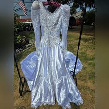 Vintage 1980's Mary's Bridal White Satin Beaded Wedding Gown Cathedral Train