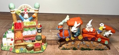 Easter Bunny Welcome Market & Train Figurines Hand-Painted Resin Decor Spring Co