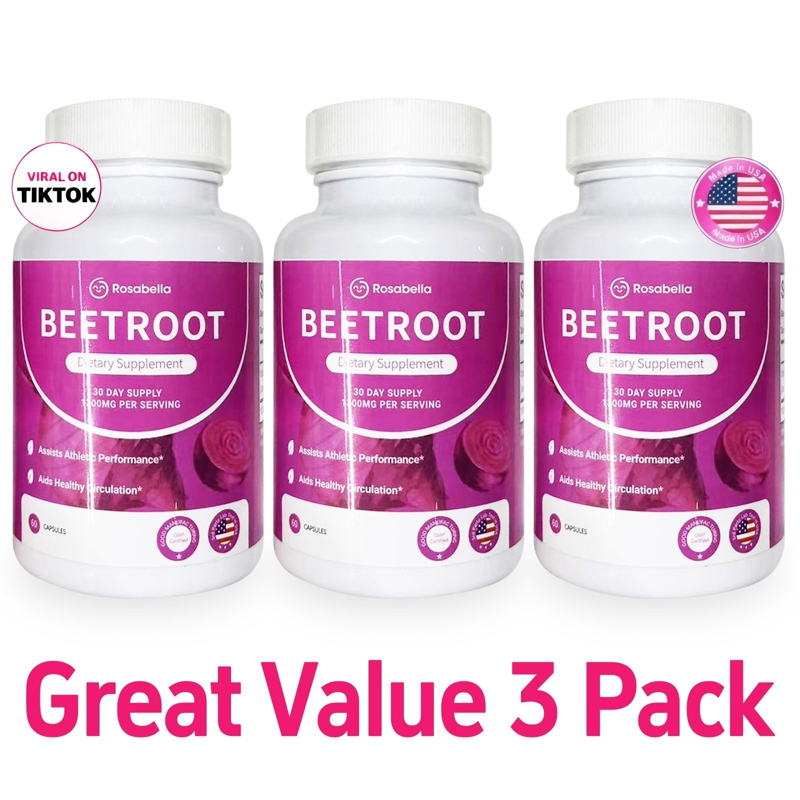 3X Rosabella Organic Beet Root 60 Capsules Natural Energy Boost Blood Pressure