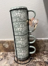 4 Stackable Cups w/ Rack Green Coffee Stoneware Mugs - New With Tags