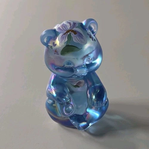Fenton Hand Painted Glass Bear Figurine Blue Floral Pattern Signed J. Stephens