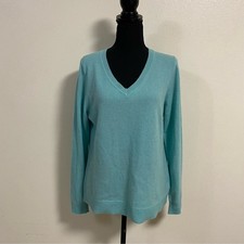 Tahari Sweater Women's Size Large Aqua 100 Cashmere V-Neck Sweater