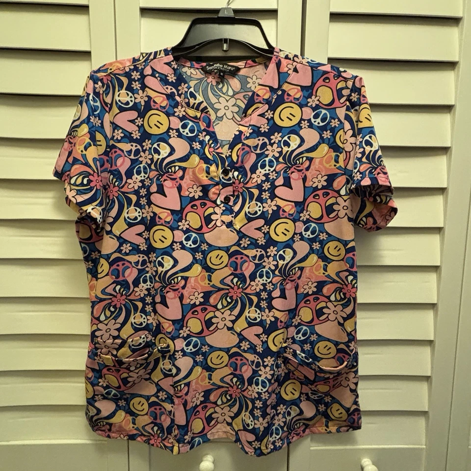 Samantha Mara Scrub Top Womens Medium Peace, Love, & Happiness 4 Way Stretch Top - Image 3 of 4