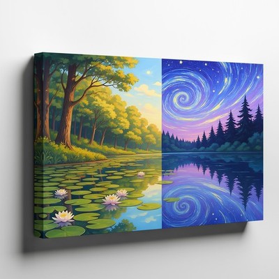 Day and Night Nature Canvas Wall Art Lily Pads Forest Lake Starry Sky Print