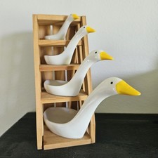 Vintage Avon Ceramic Goose Duck Measuring Spoons Geese Wood Stand 1980s Teaspoon