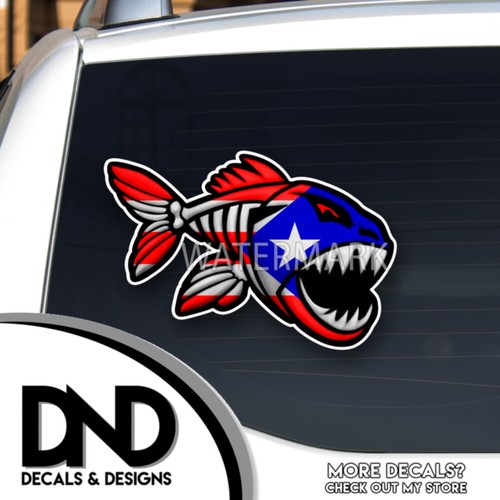 Puerto Rico Flag Skeleton Fish Decal Rican Truck Car Boat Sticker Fishing 2 Pack - Picture 2 of 4