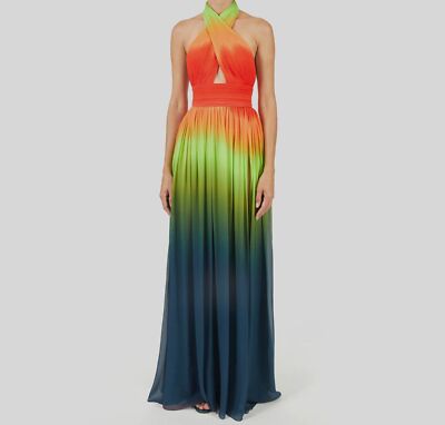 $5851 Elie Saab Women's Orange Silk Halter Neck High Slit Long Dress 42 |  eBay