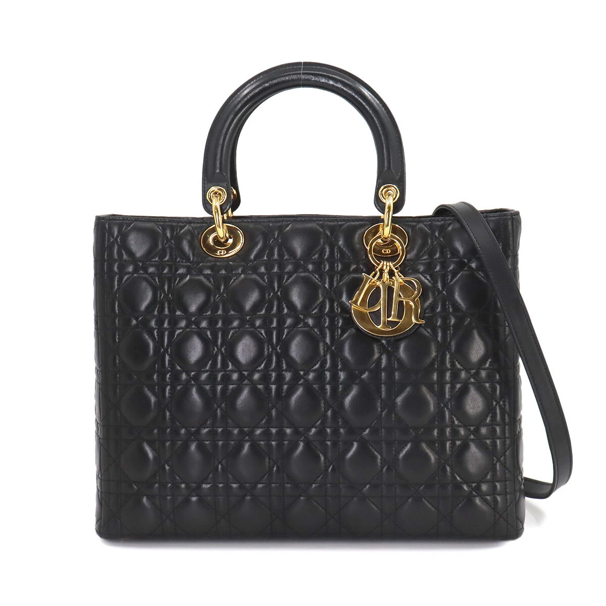 Christian Dior Lady Dior grand sac à bandoulière à main 2 voies cuir noir 90243505