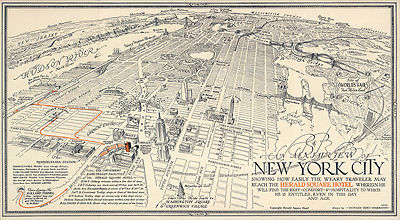 Vintage Pictorial Aerial View New York City Historic Wall Art Poster Genealogy