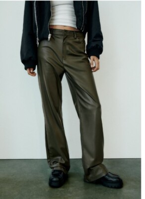Zara Size L Faux Leather Full Length Leather Look Straight Leg Trousers Pants