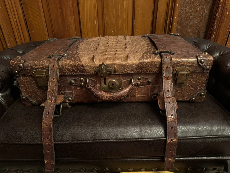 Maleta de cocodrilo Hornback antigua rara de lujo Foto 3 de 4