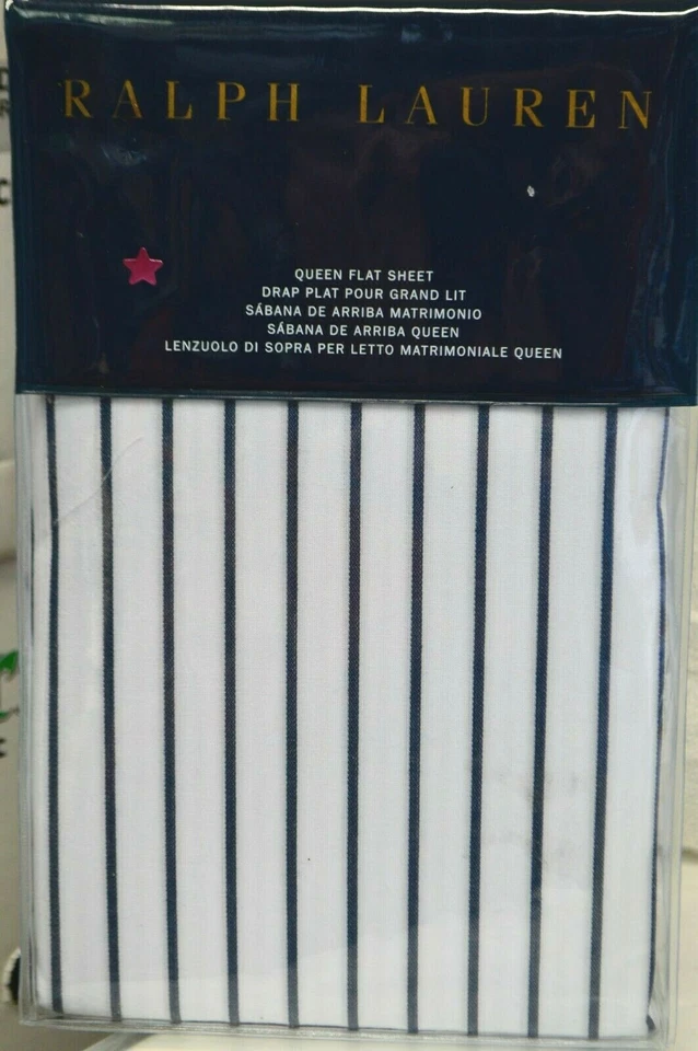 RALPH LAUREN QUEEN FLAT SHEET COLOR WHITE/NAVY PRESCOT STRIPE NIP