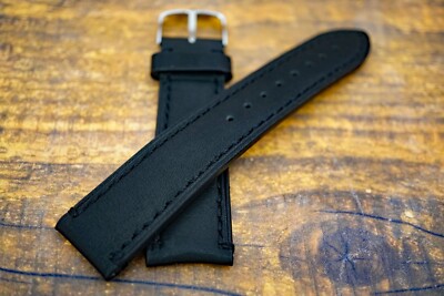 Premium 22 mm LIBERTY Black Leather Watch Strap Black Stitched On Tang Buckle