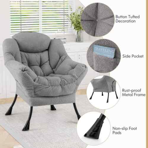 Large Lazy Chair Sherpa Upholstered Accent Chair w/ Cozy Head Pillow Home Office - Picture 5 of 24