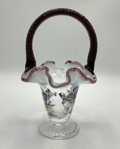 Vintage Fenton Optic Basket Purple Ruffled Rim Hand Painted Signed D Fredrick