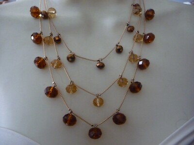 JULEA C ROWS GOLD TONE CHAINS w CRYSTAL BEADS BROWN YELLOW NECKLACE  #2021A