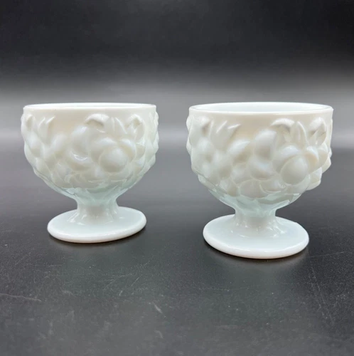 Vintage Indiana Milk Glass Harvest Grape Pedestal Taper Candle Holders, Set of 2