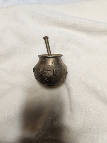Vintage Brass etched Small Morter & Pestle pharmacy medicine Patina collectable