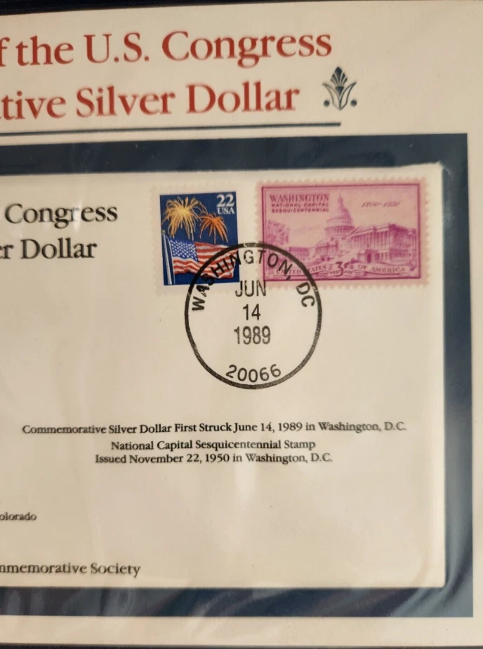 1989 Bicentennial Of The U.S. Congress Silver Dollar POSTAL COMMEMorative PCS - Image 2 of 3