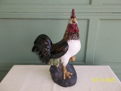 Vintage Large Pottery Ceramic Rooster Statue Hand Painted Majolica 17'' Signed
