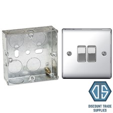 BG Polished Chrome Double Light Switch NPC42 and 25mm Single Metal Back Box