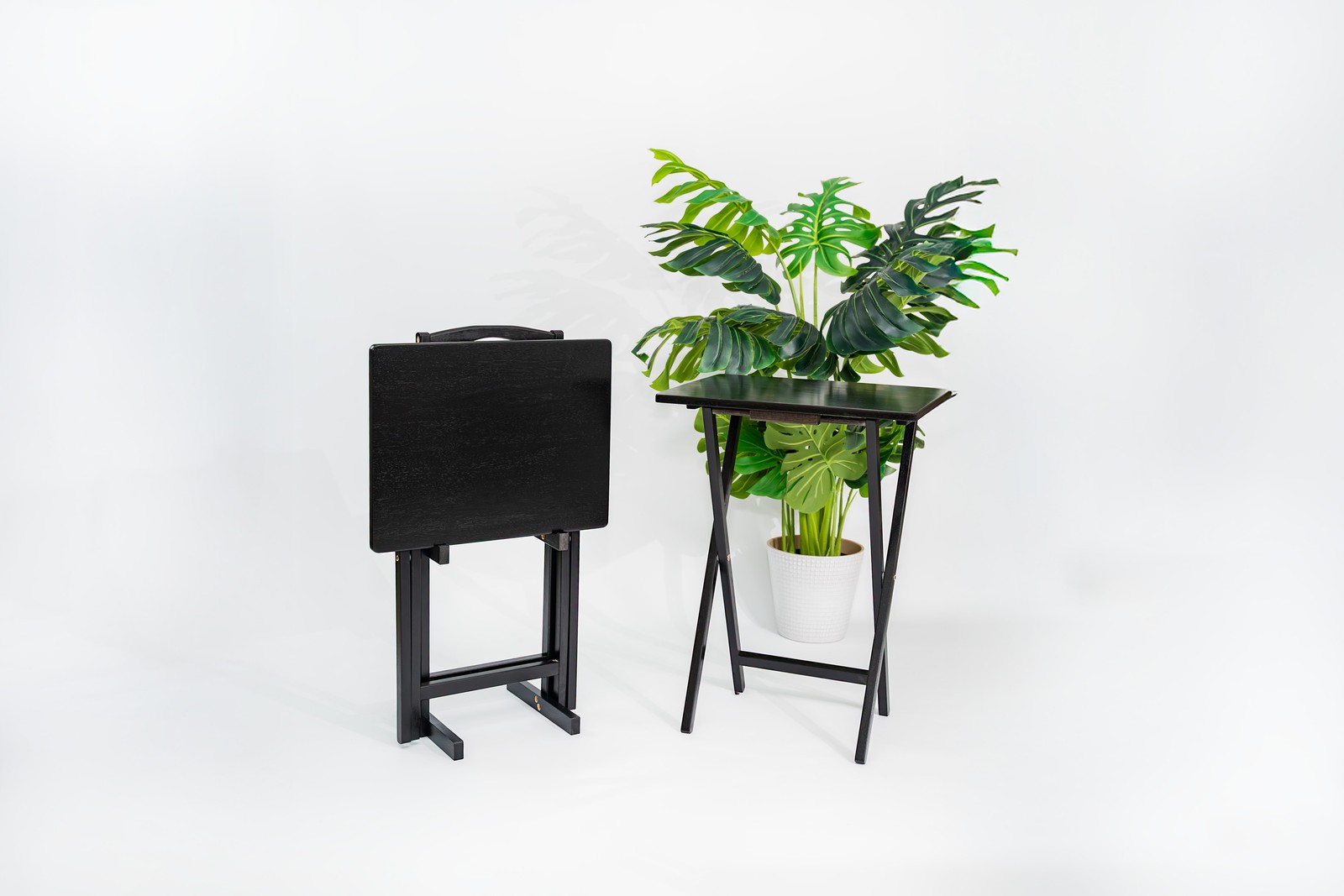 3PC Set: 2PC Folding Tray Tables with 1PC Storage Rack Set Black