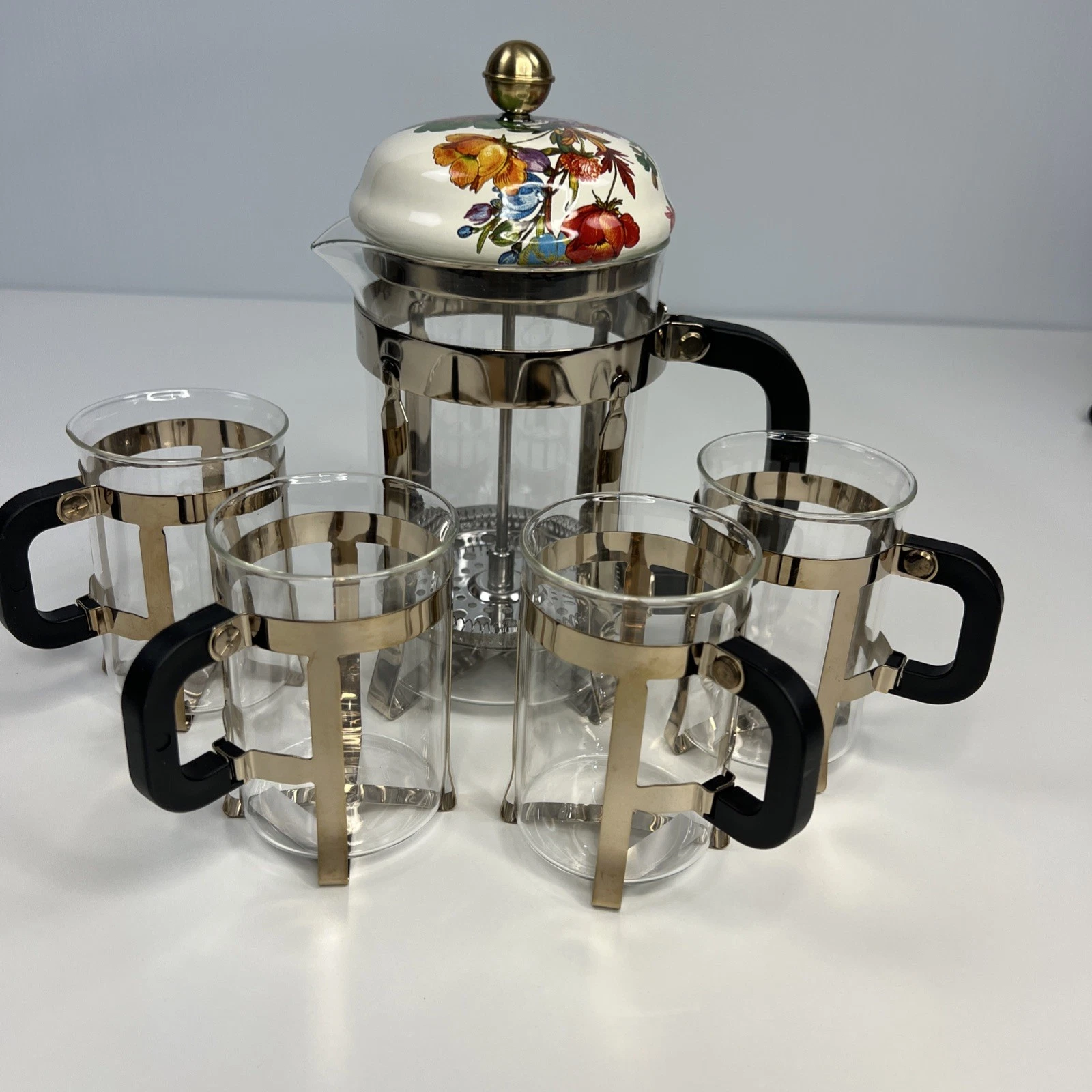 Mackenzie Childs French Press Flower Market Set With 4 Glass Mugs - Rare