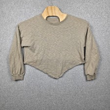 Shirt Womens XS Beige Long Sleeve Crew Neck Cropped Sharkbite Hem Made In USA