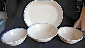 Corelle  Serving Platter 12" + Serving Bowl - 4 Cereal Bowl Sandstone  Blue Rim