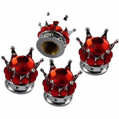 4 Silber Krone Rot Bling Diamant Reifen/Radschaft Ventilkappen Auto LKW