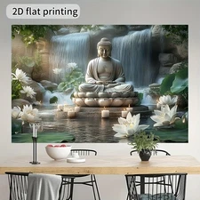 2D Flat, 1pc Zen Meditation & Waterfall 2D Flat Banner - Serene & Golden Zen Des