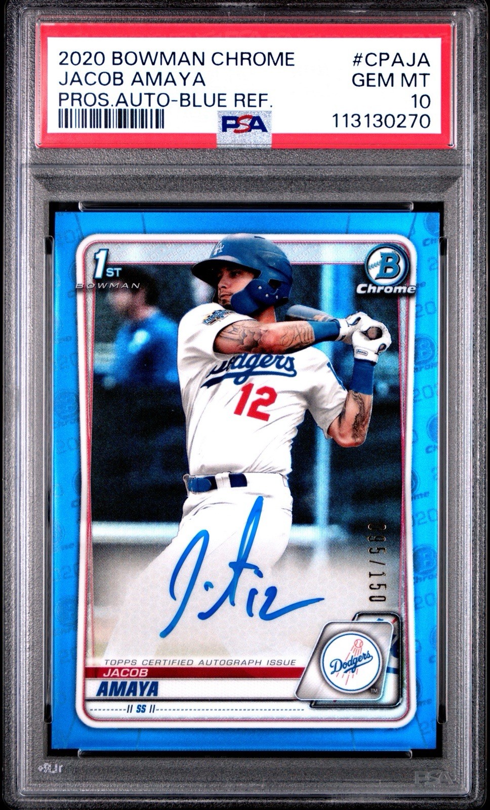2020 Bowman Chrome Jacob Amaya 1st Auto Blue Refractor # 95/150 PSA 10 Mint