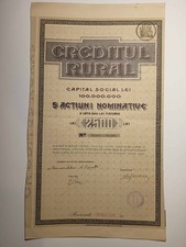 Romania Creditul Rural Share Certificate Bucharest 5 Shares of 500 Lei Each 1933
