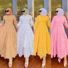 Jalabiya Women Eid Muslim Dress Abaya Embroidered Hollow Out Lace Lapel Collar.