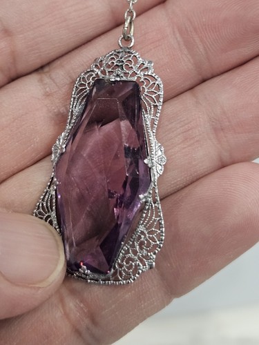 Antique Art Deco Amethyst Glass Faux Pearl Filigree Rhodium Plated Necklace 23" - Picture 5 of 14